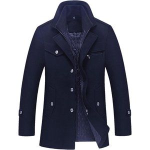 Men's Gentle Layered Collar Single Breasted Quilted Lined Wool Blend Pea Coats